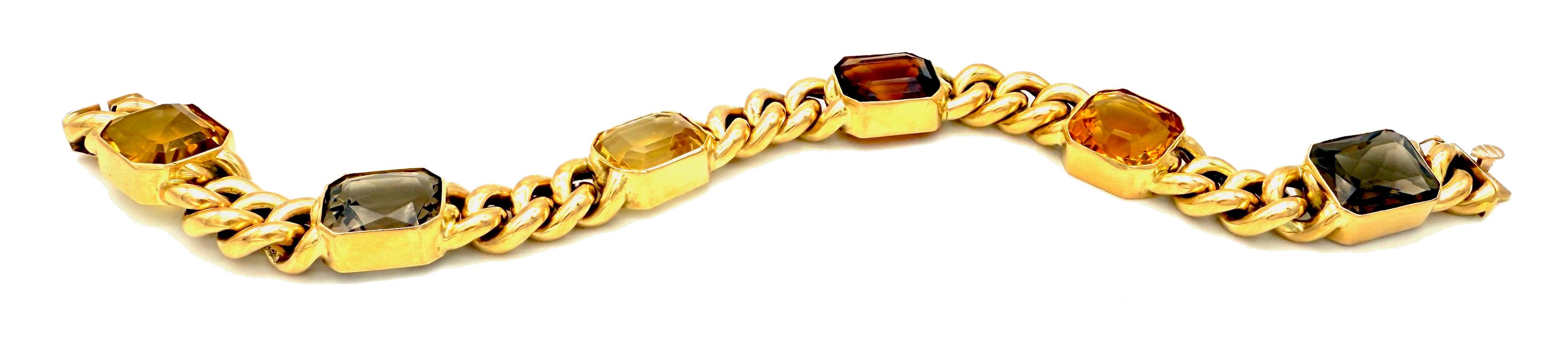 Taille octogone Bracelet curbe antique en or jaune 14 carats avec citrine octogonale polychrome, 1920 en vente