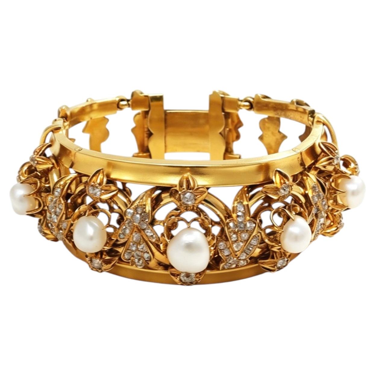 Antique Late 19th Century Yellow Gold Pearl Diamond Bracelet, European