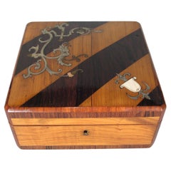 Antique Late 19th/Early 20th Century Inlaid Wood Jewelry Box with Brass -1Y54