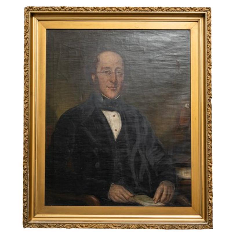 Antique Late 19th Giltwood Oil on Canvas Portrait of a Gentleman