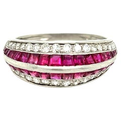 Antique Late Art Deco Calibre Cut Ruby Diamond Platinum Domed Ring