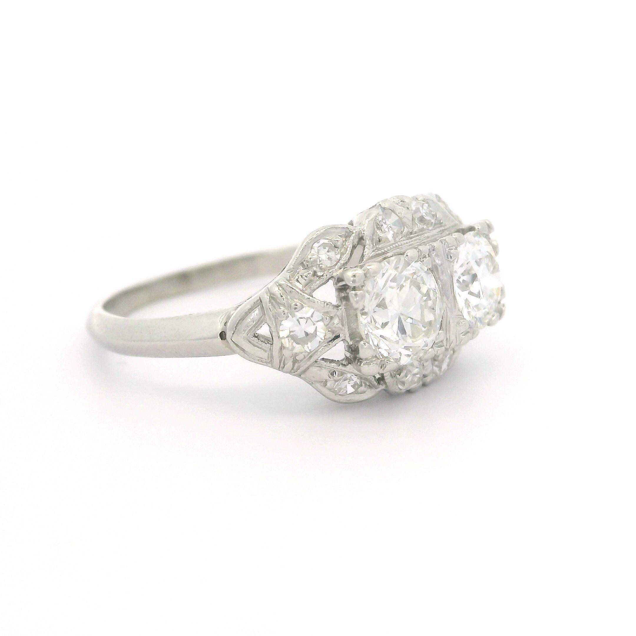 Antique Late Art Deco Platinum 1.14ctw Old Cut Dual Diamond Twin Ring 5