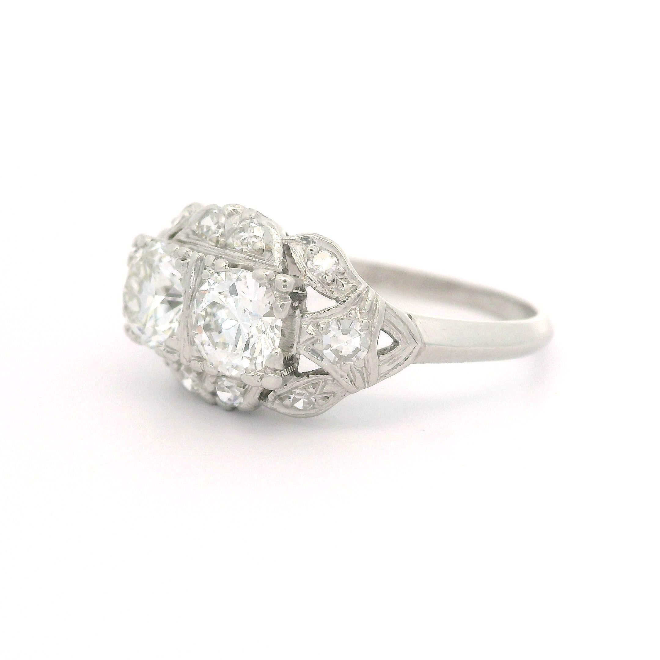 Antique Late Art Deco Platinum 1.14ctw Old Cut Dual Diamond Twin Ring 6