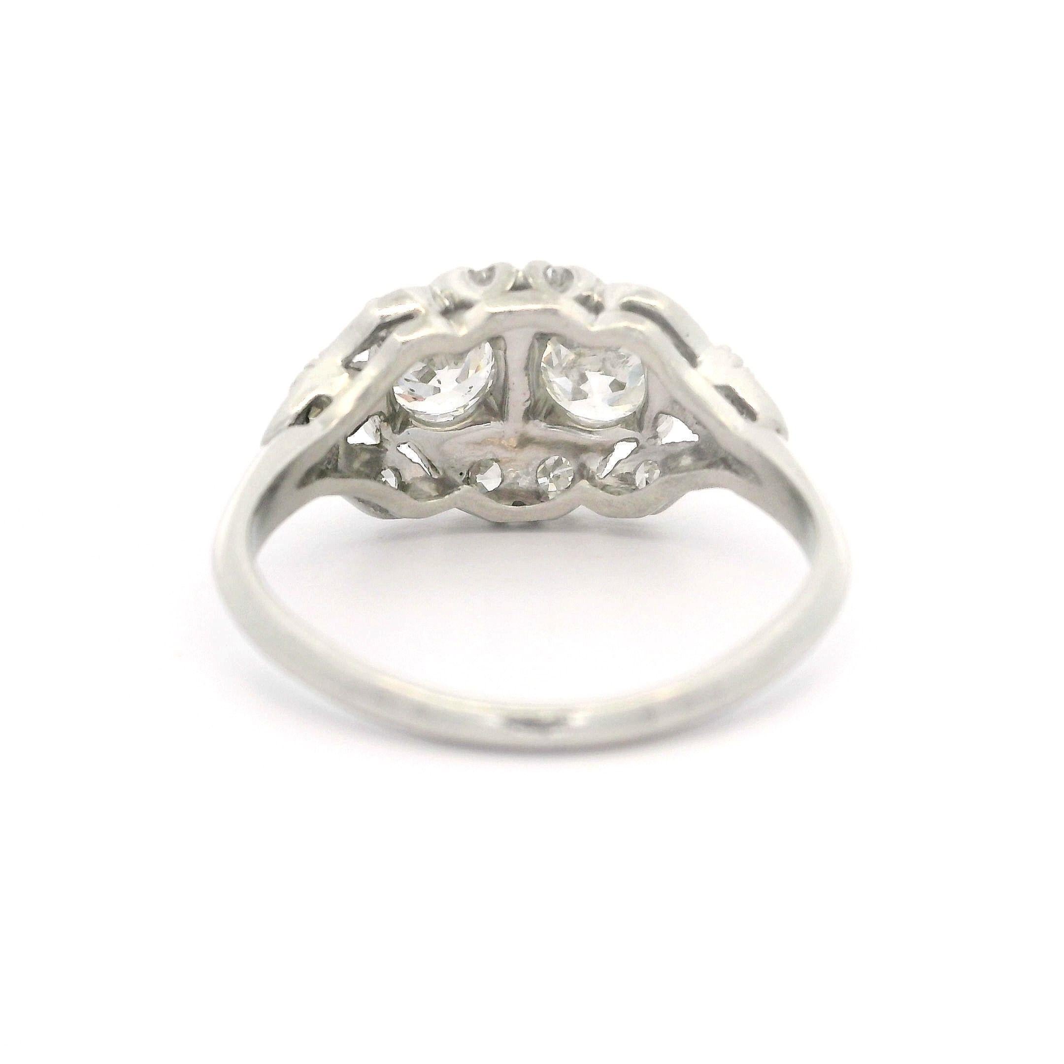 Antique Late Art Deco Platinum 1.14ctw Old Cut Dual Diamond Twin Ring In Good Condition In Montclair, NJ