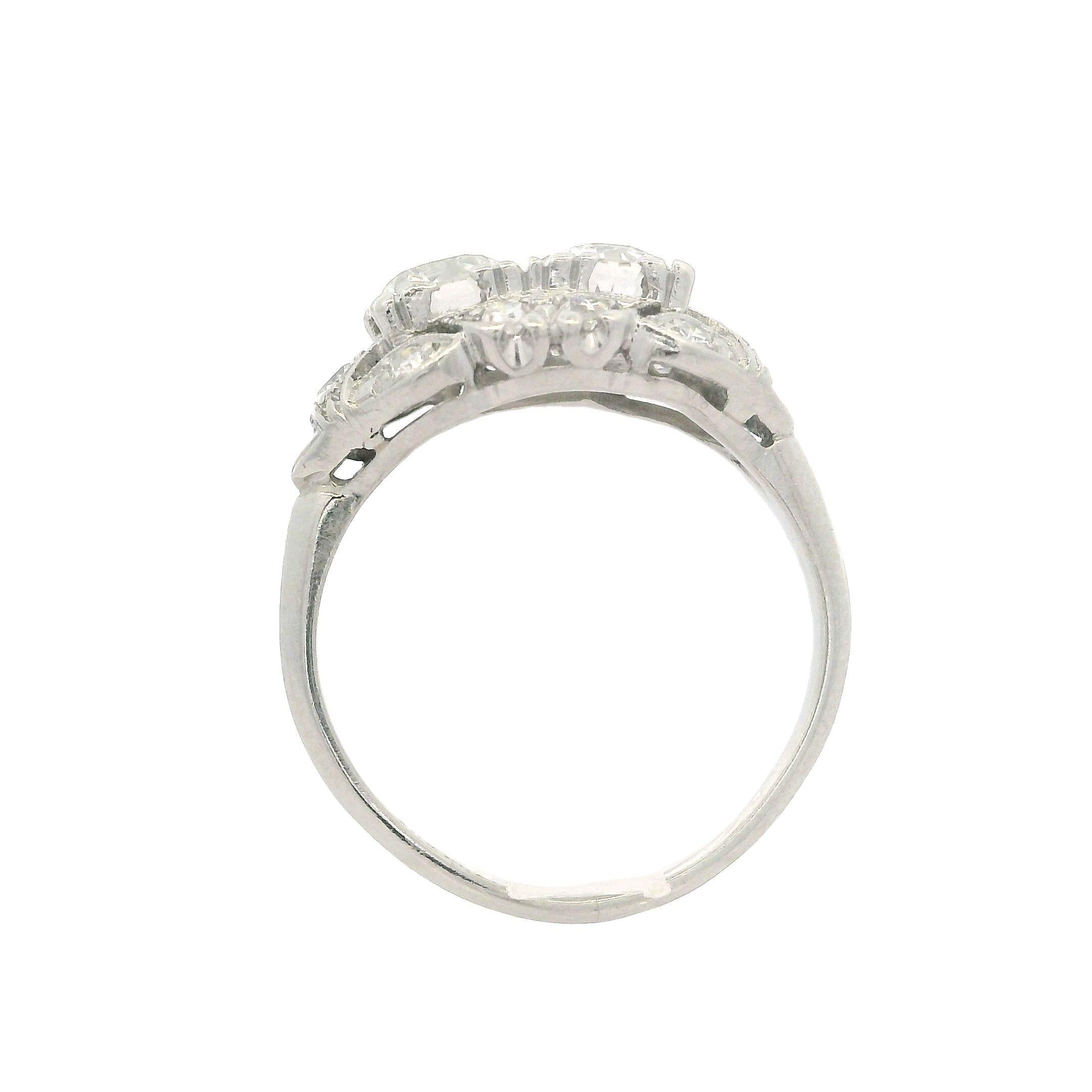 Women's Antique Late Art Deco Platinum 1.14ctw Old Cut Dual Diamond Twin Ring