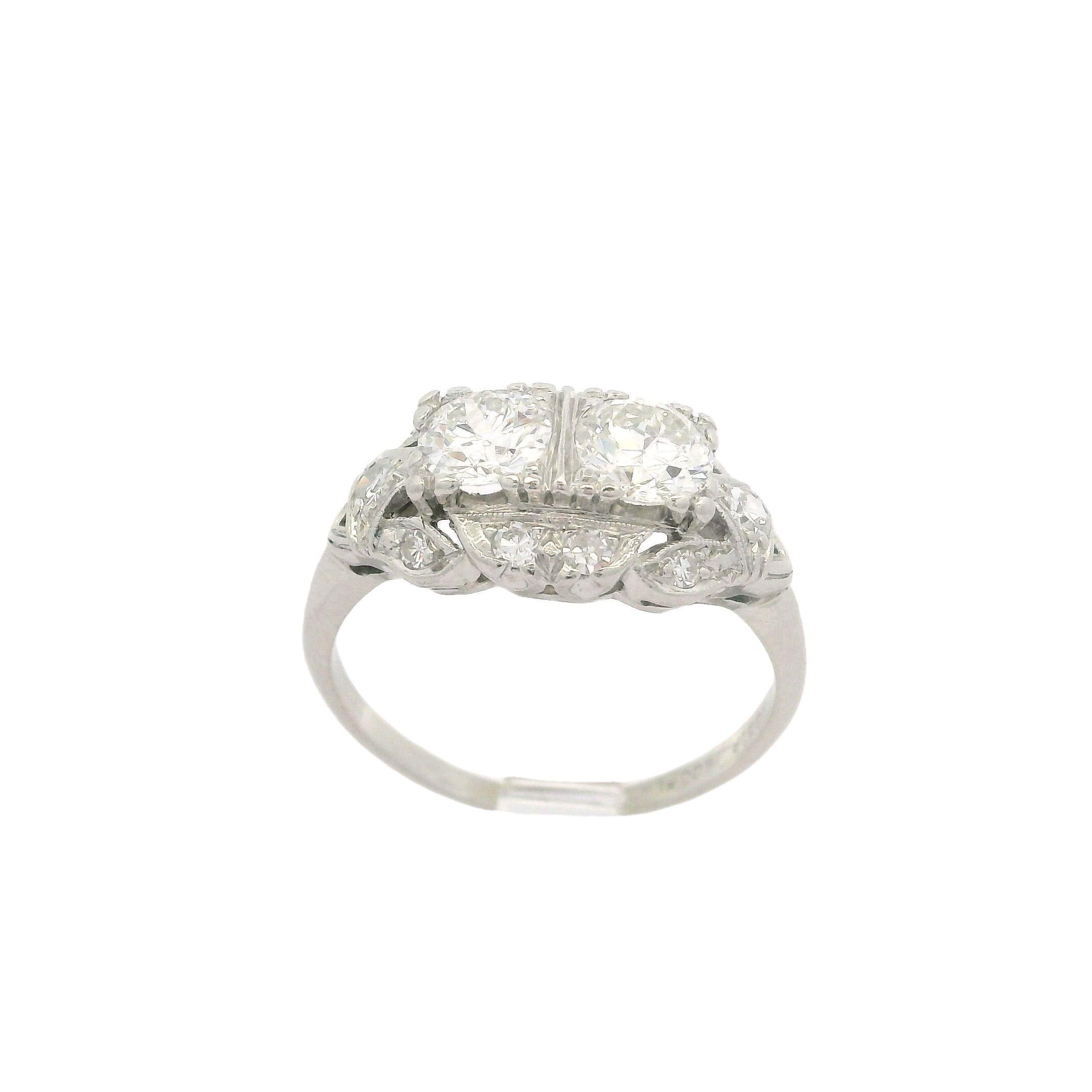 Antique Late Art Deco Platinum 1.14ctw Old Cut Dual Diamond Twin Ring 1