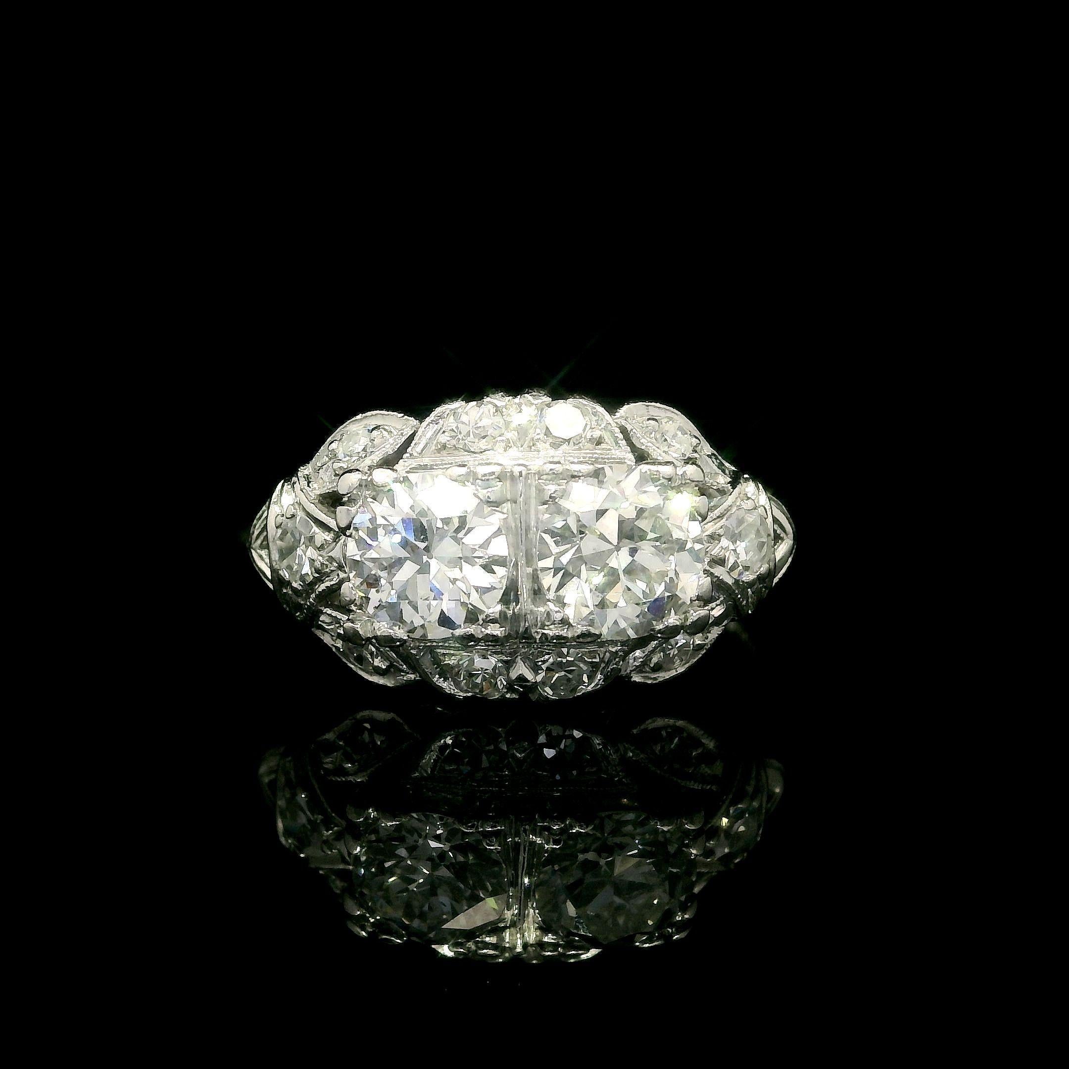Antique Late Art Deco Platinum 1.14ctw Old Cut Dual Diamond Twin Ring 2