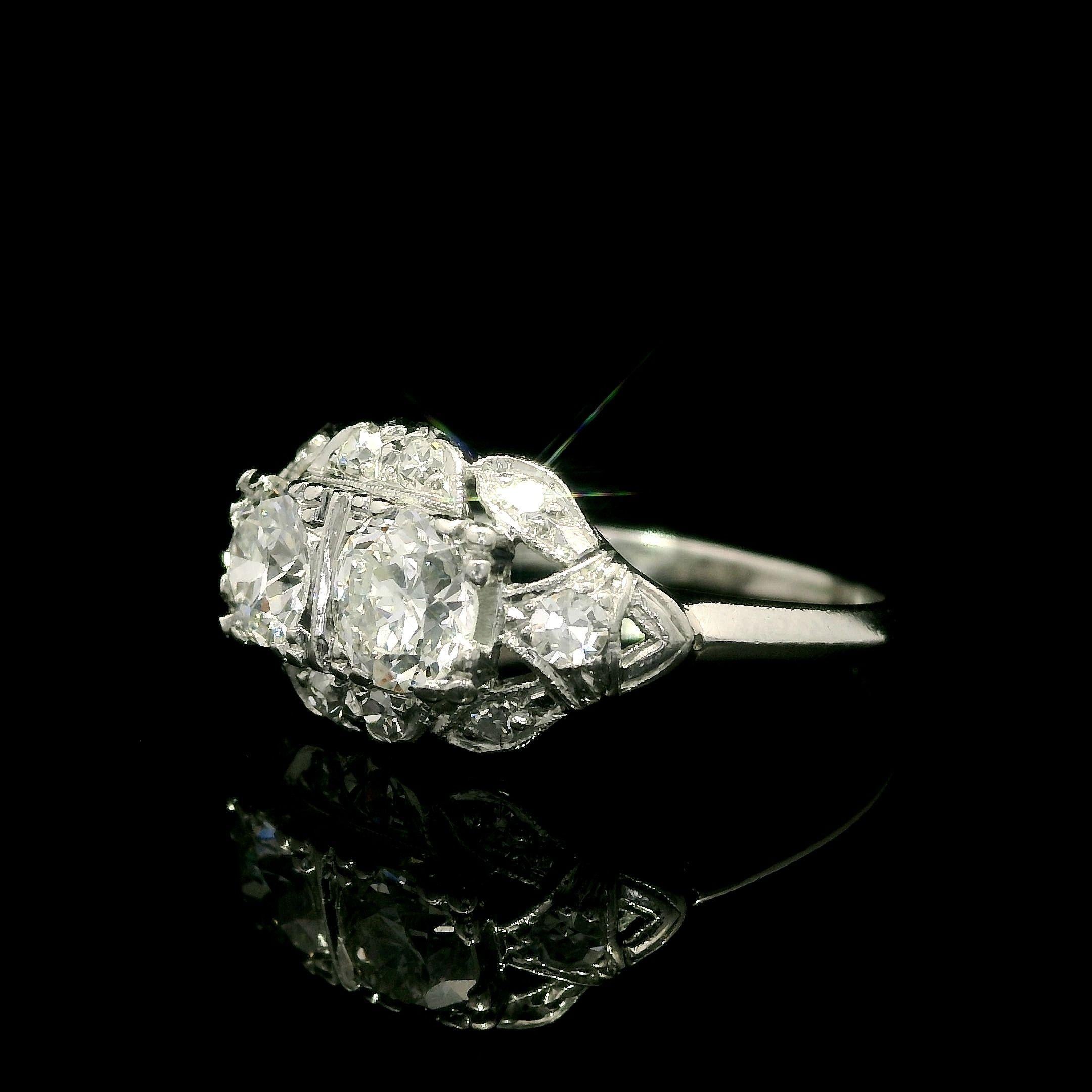 Antique Late Art Deco Platinum 1.14ctw Old Cut Dual Diamond Twin Ring 4