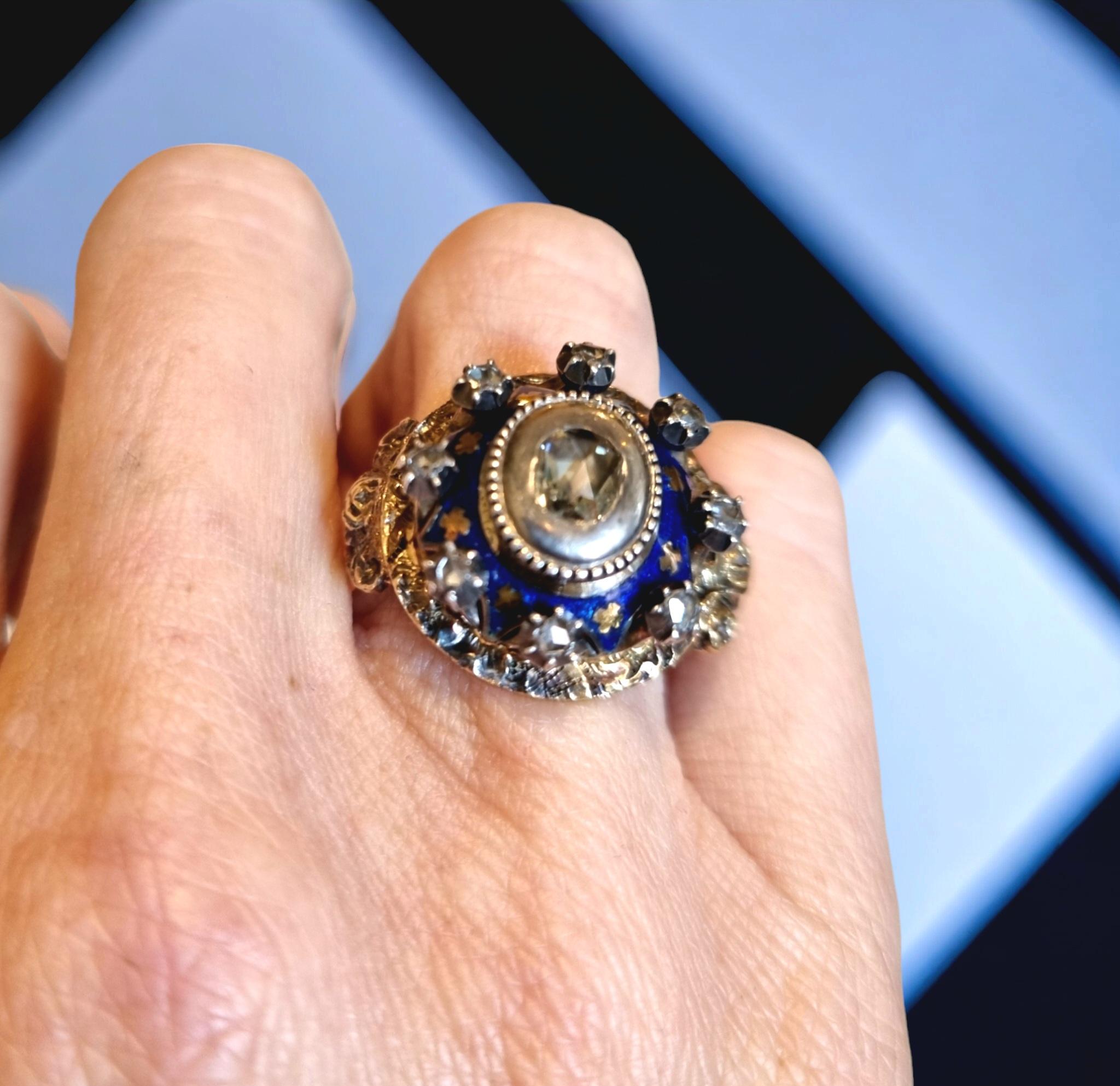 Bague ancienne de la fin du baroque (rococo), diamants et émail bleu en vente 2