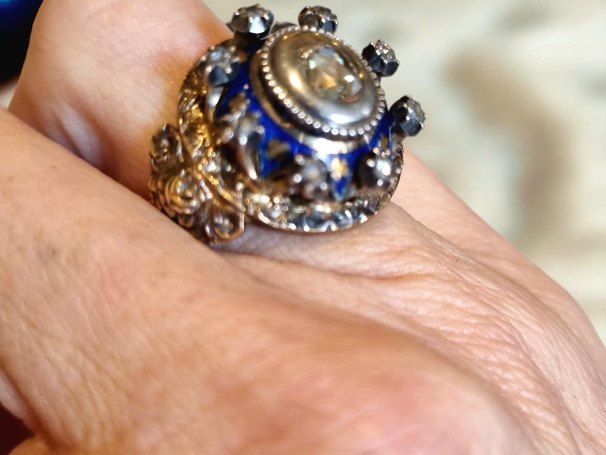 Antique late Baroque (Rococo), Diamond, Blue Enamel Ring For Sale 6