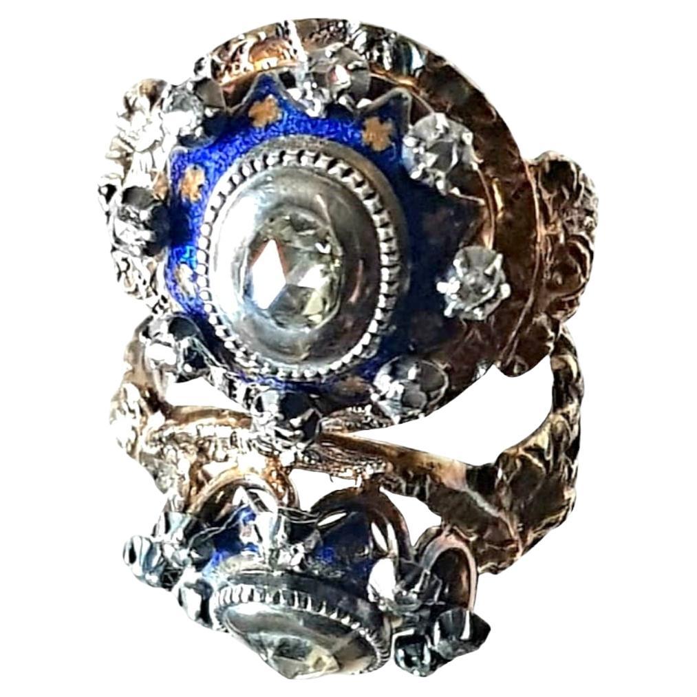 Antiker Ring aus blauer Emaille im späten Barock (Rokoko), Diamant (Rosenschliff) im Angebot