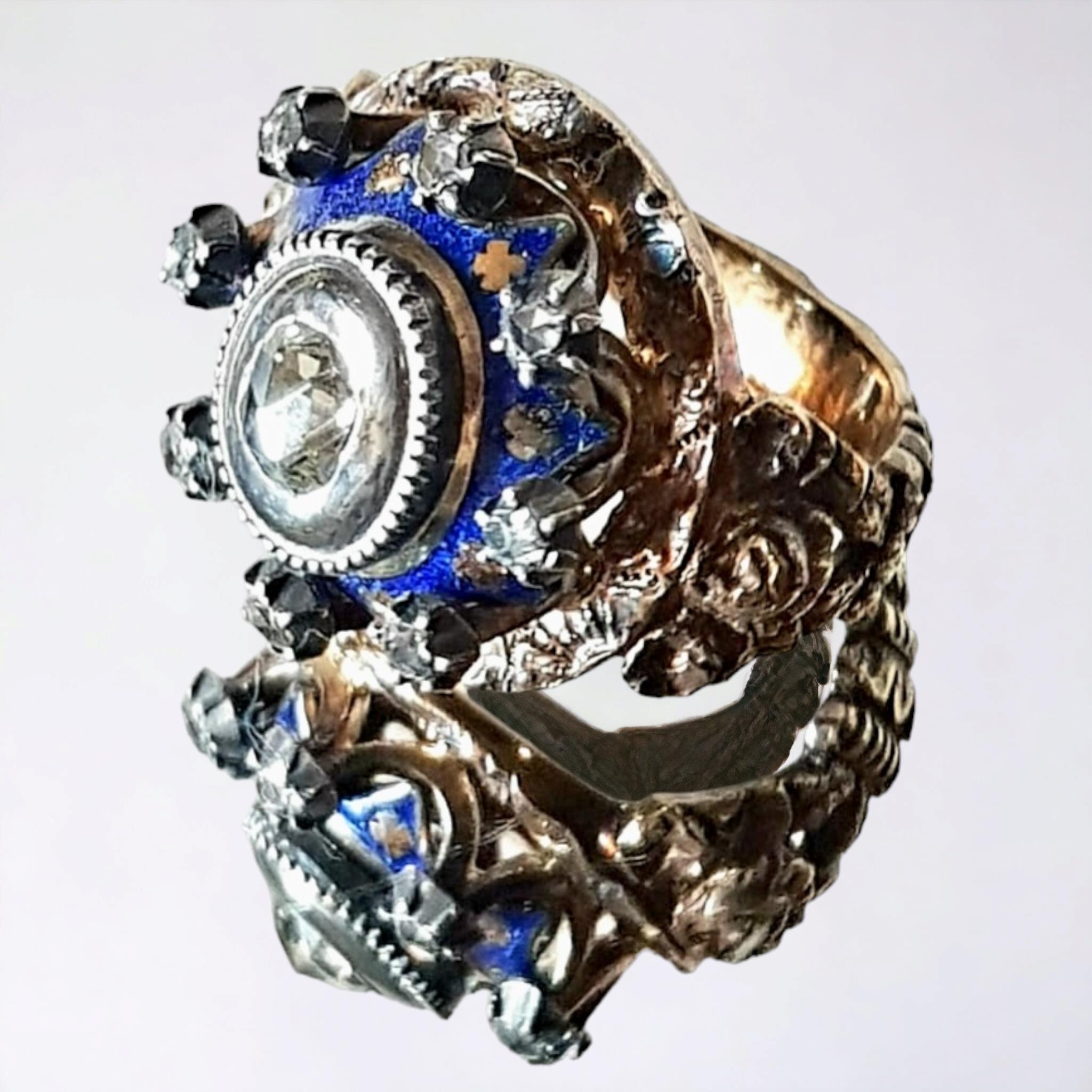 Rose Cut Antique late Baroque (Rococo), Diamond, Blue Enamel Ring For Sale