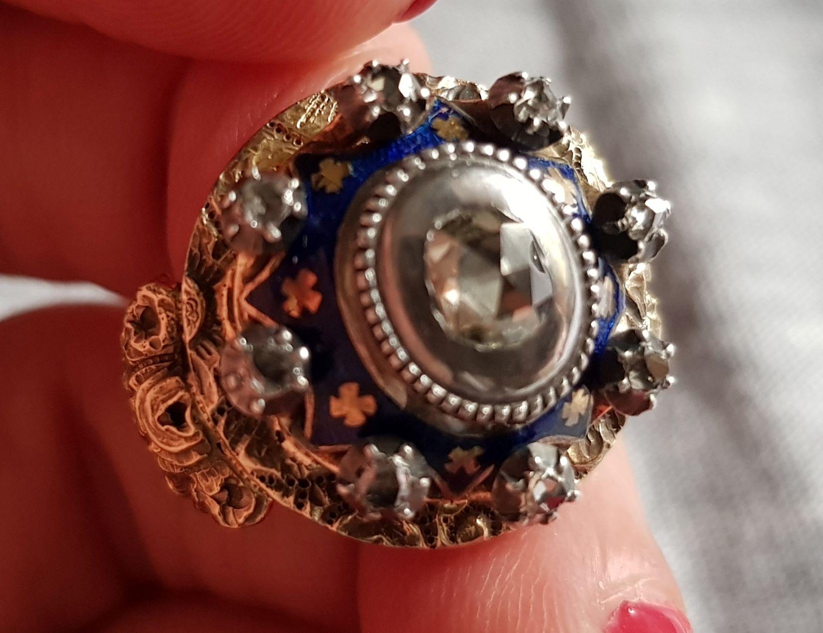 Antique late Baroque (Rococo), Diamond, Blue Enamel Ring In Fair Condition For Sale In OVIEDO, AS