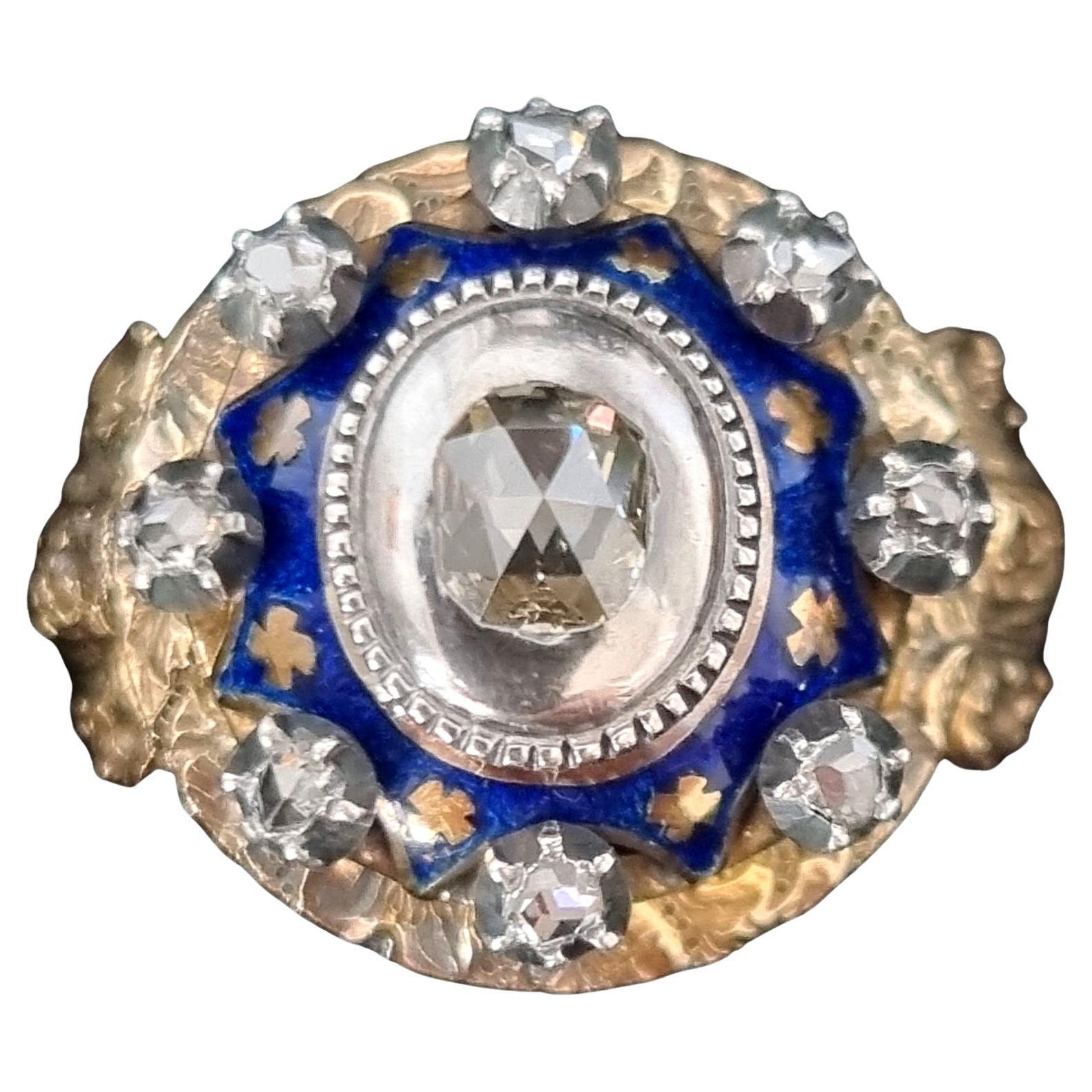 Bague ancienne de la fin du baroque (rococo), diamants et émail bleu en vente
