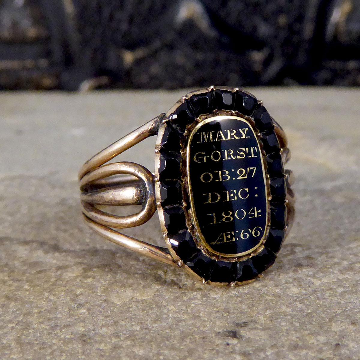 This ring is such a beautiful example of an antique mourning ring that was hand crafted in the Late Georgian era. Mourning Rings were commonly made in the event of a death in the family in the Georgian era, marked with black mofits, initials and