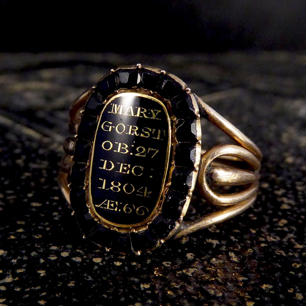 Antique Late Georgian Mourning Ring with Black Enamel and Garnet Surround Gold 1