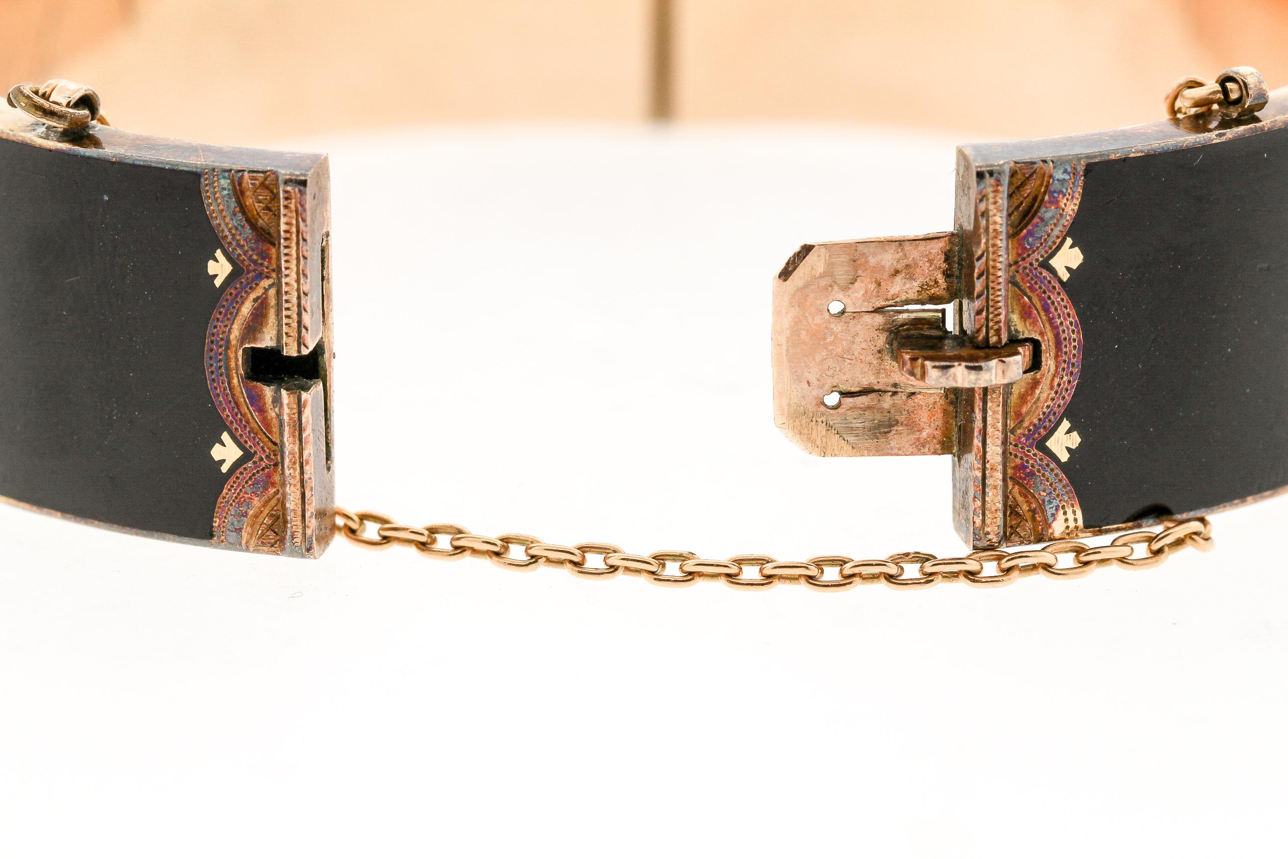 Antique Late Victorian 14 Karat Gold Black Enamel Cuff Bracelet 2