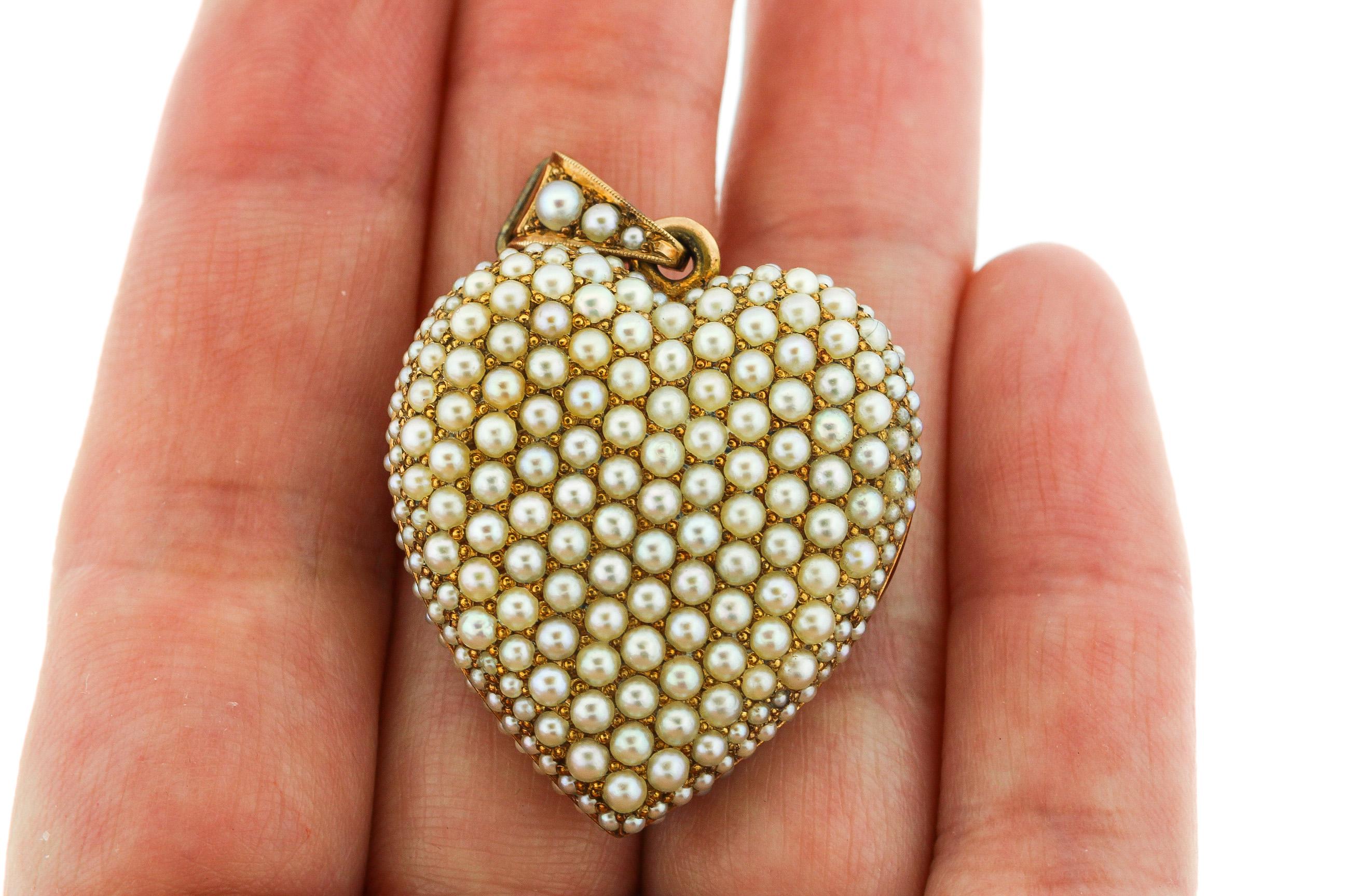 Women's or Men's Antique Late Victorian 14 Karat Yellow Gold Seed Pearl Heart Locket