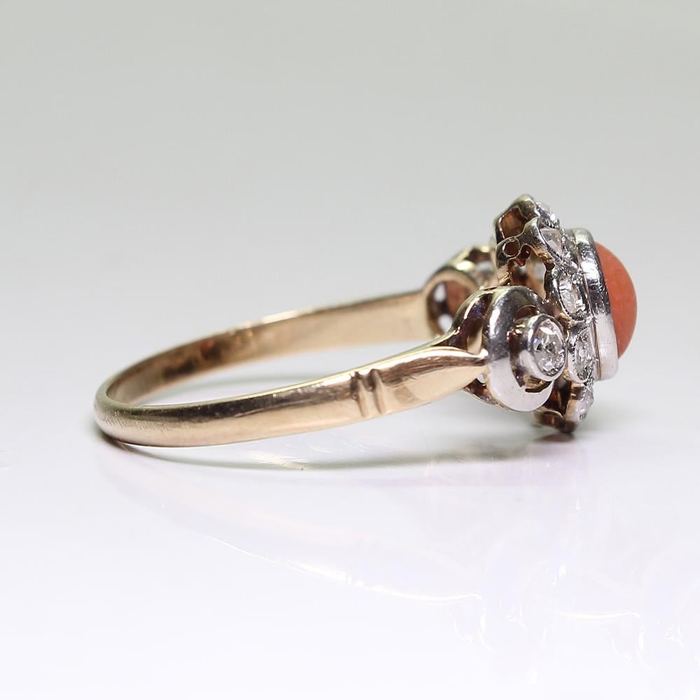 Old Mine Cut Antique Late Victorian 18 Karat Gold Coral and Diamond Ring