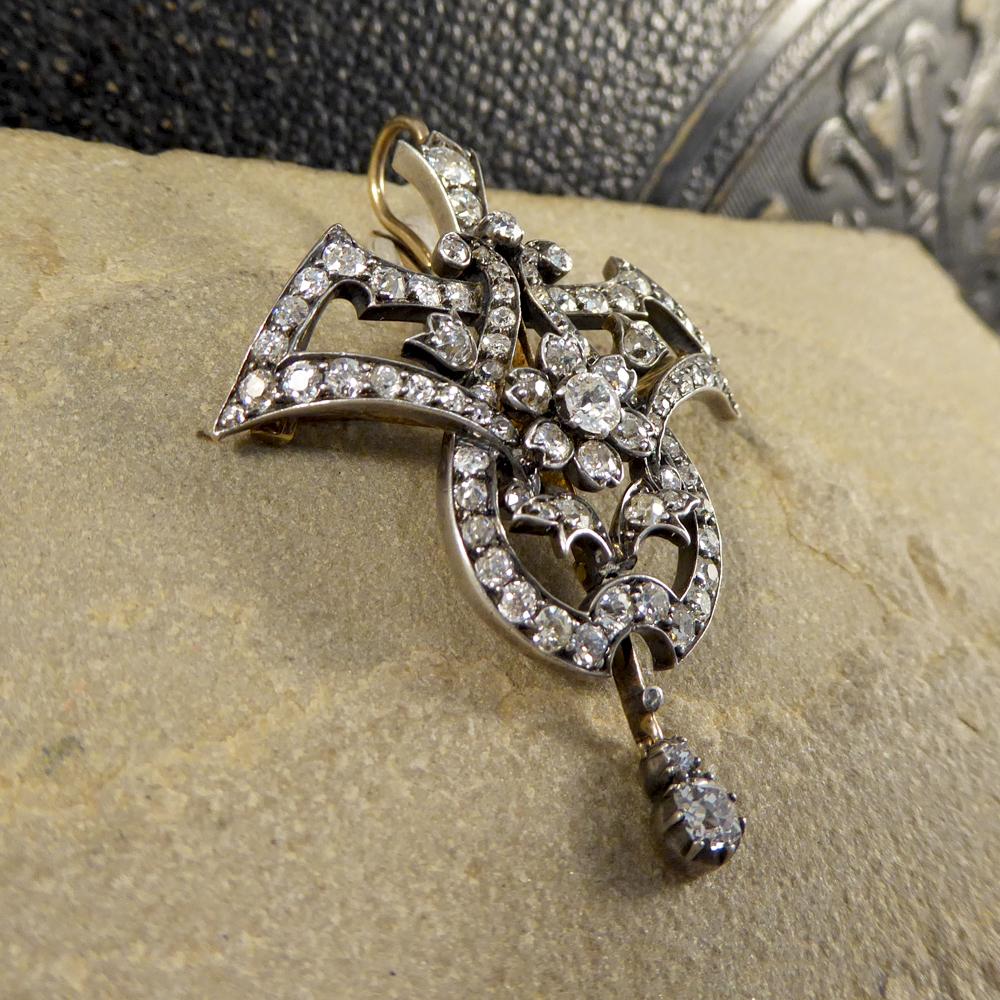 Old European Cut Antique Late Victorian 3.50Ct Diamond Total Drop Pendant & Brooch Gold & Silver