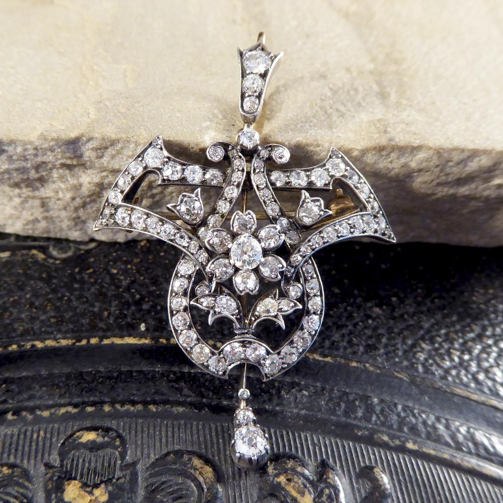 Antique Late Victorian 3.50Ct Diamond Total Drop Pendant & Brooch Gold & Silver 3