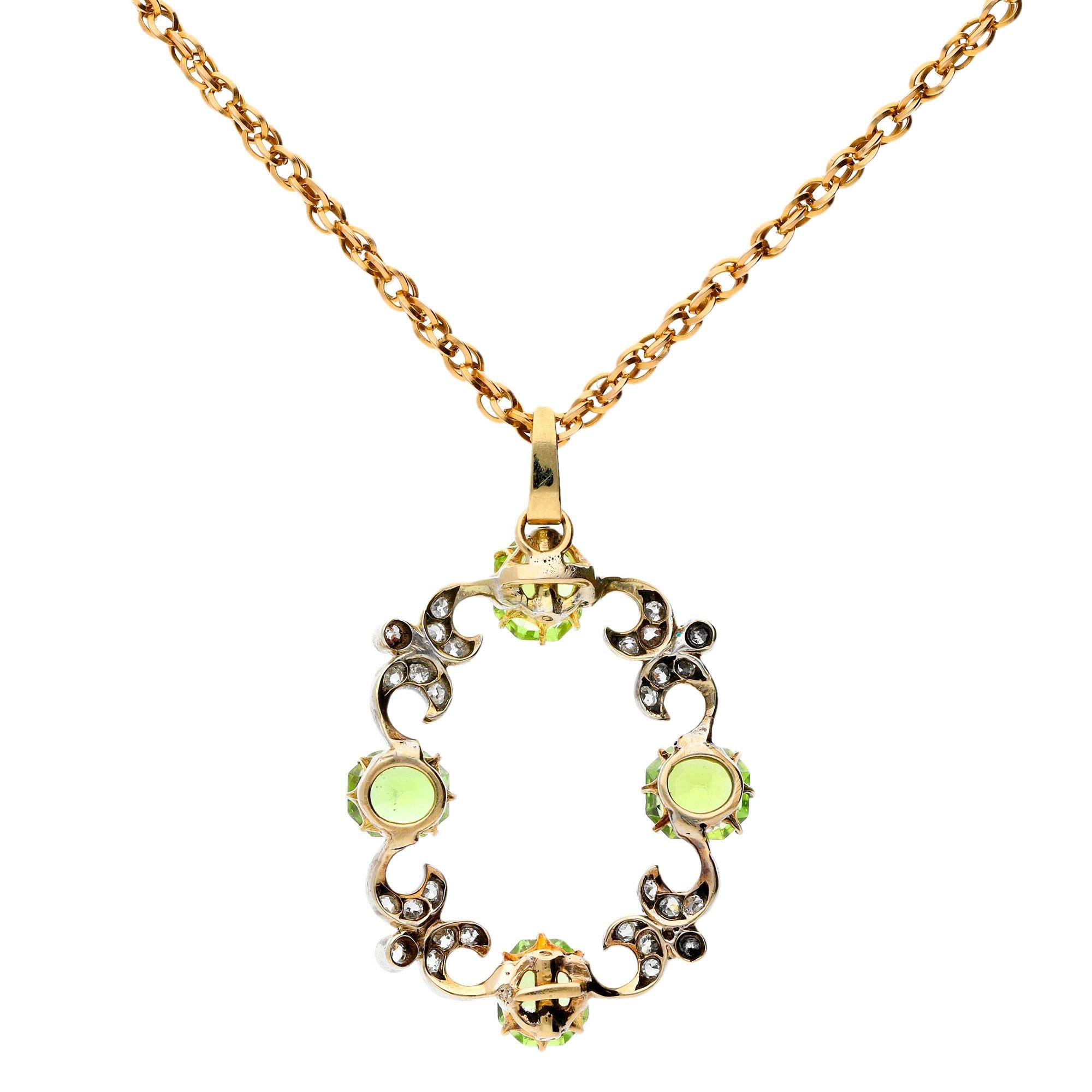 DESCRIPTION
This beautiful openwork pendant, decorated with twinkling diamond scrolls, enhanced by delicious peridot quarterly highlights. As most creations from the turn of the Century, this pendant is crafted from 9ct yellow gold with beautiful