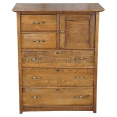 Antique Late Victorian American Oak Paneled 5 Drawer Tallboy Dresser Chest 40"