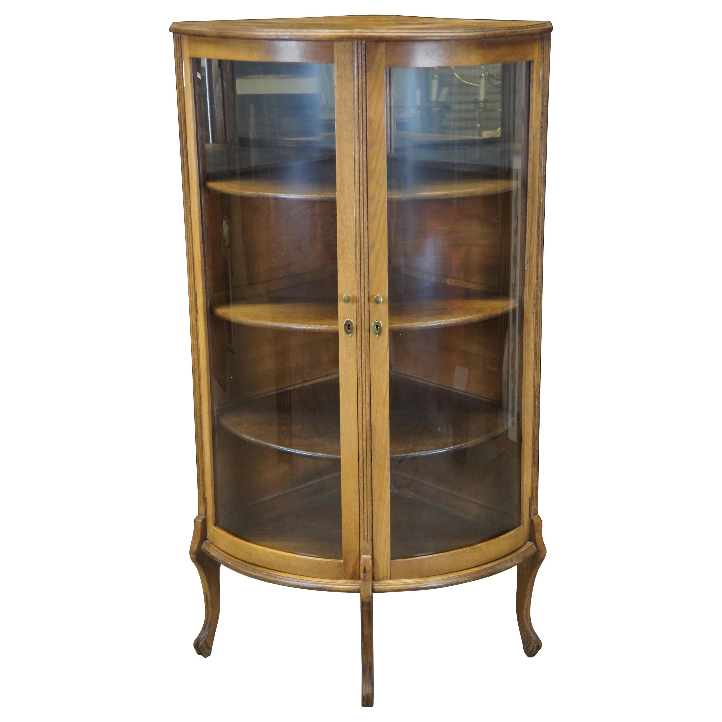 Antique Late Victorian Canadian Oak Corner Display Curio Cabinet