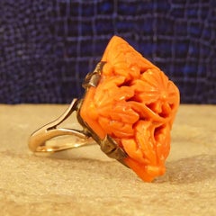 Antique Late Victorian Carved Coral Ring in 9 Carat Yellow Gold