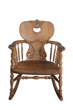 Antique Late Victorian Carved Quartersawn Oak Barrel Back Rocking Chair Rocker