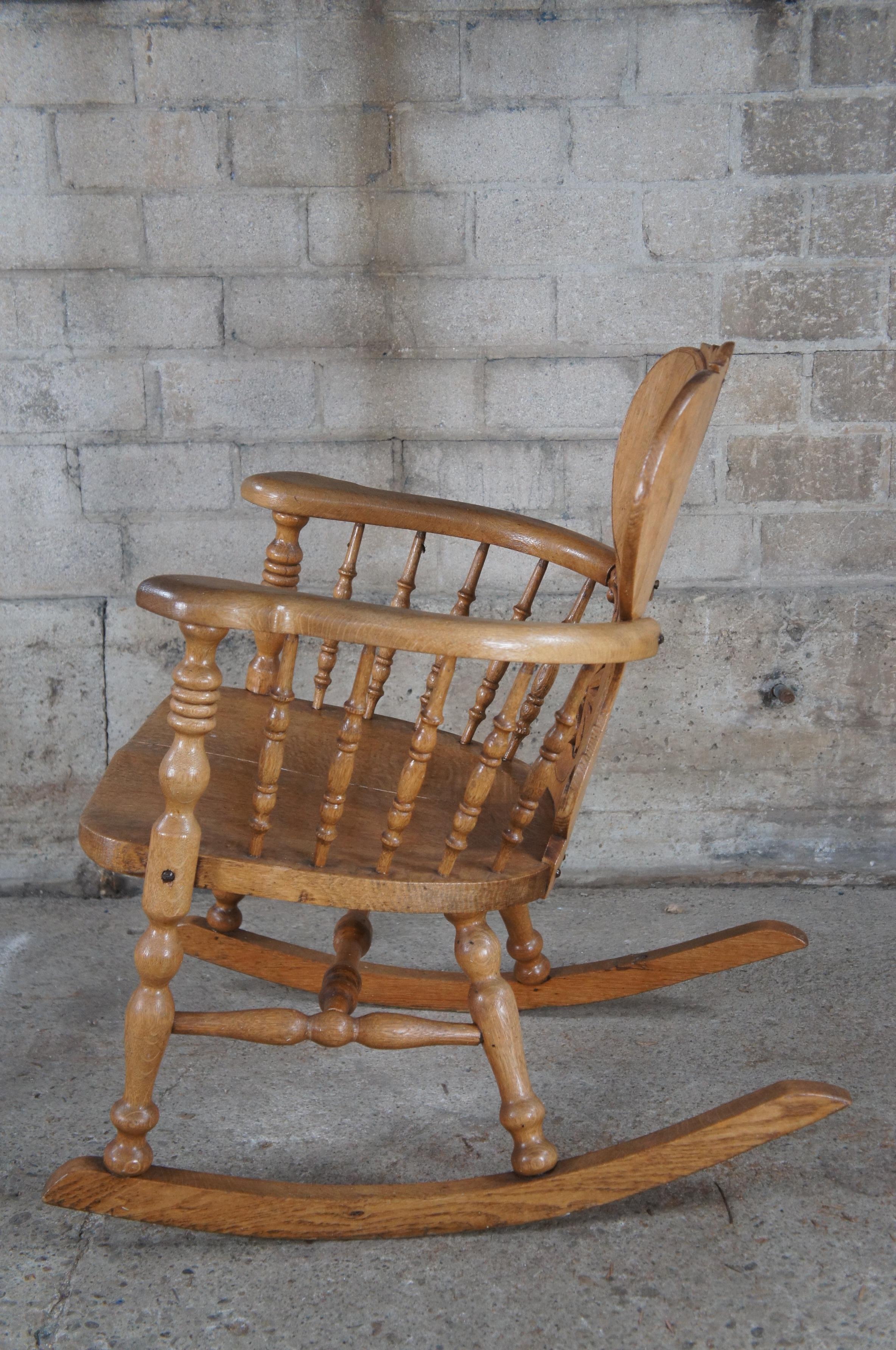 Antique Late Victorian Carved Quartersawn Oak Barrel Back Rocking Chair Rocker For Sale 2
