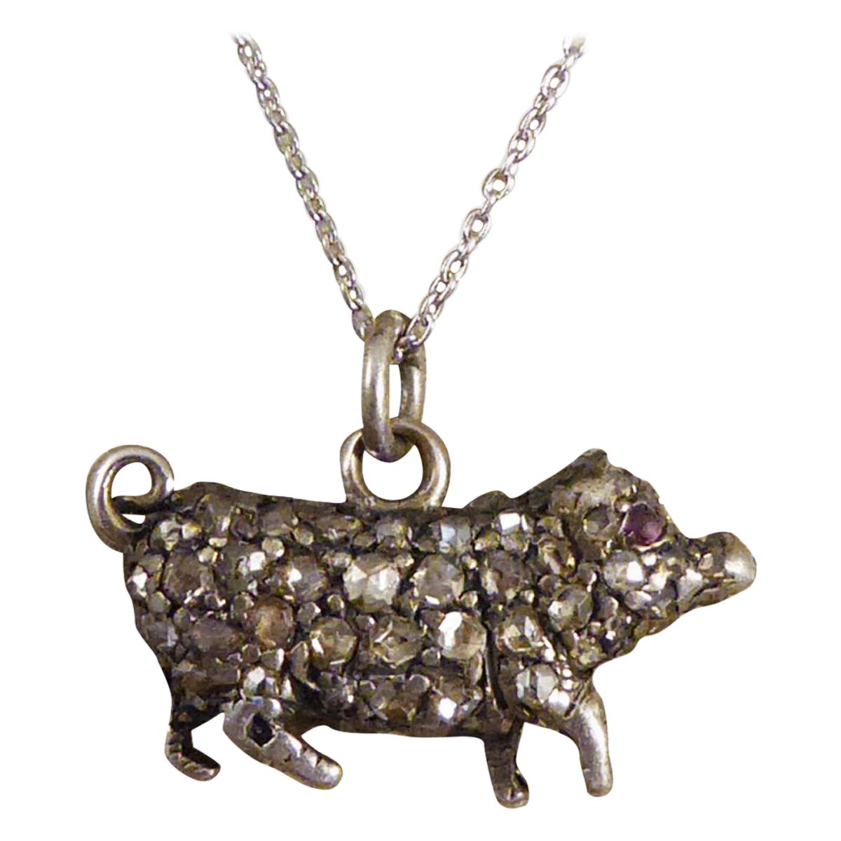 Antique Late Victorian Diamond and Ruby Set Pig in Silver on Platinum Chain For Sale