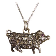 Antique Late Victorian Diamond and Ruby Set Pig in Silver on Platinum Chain