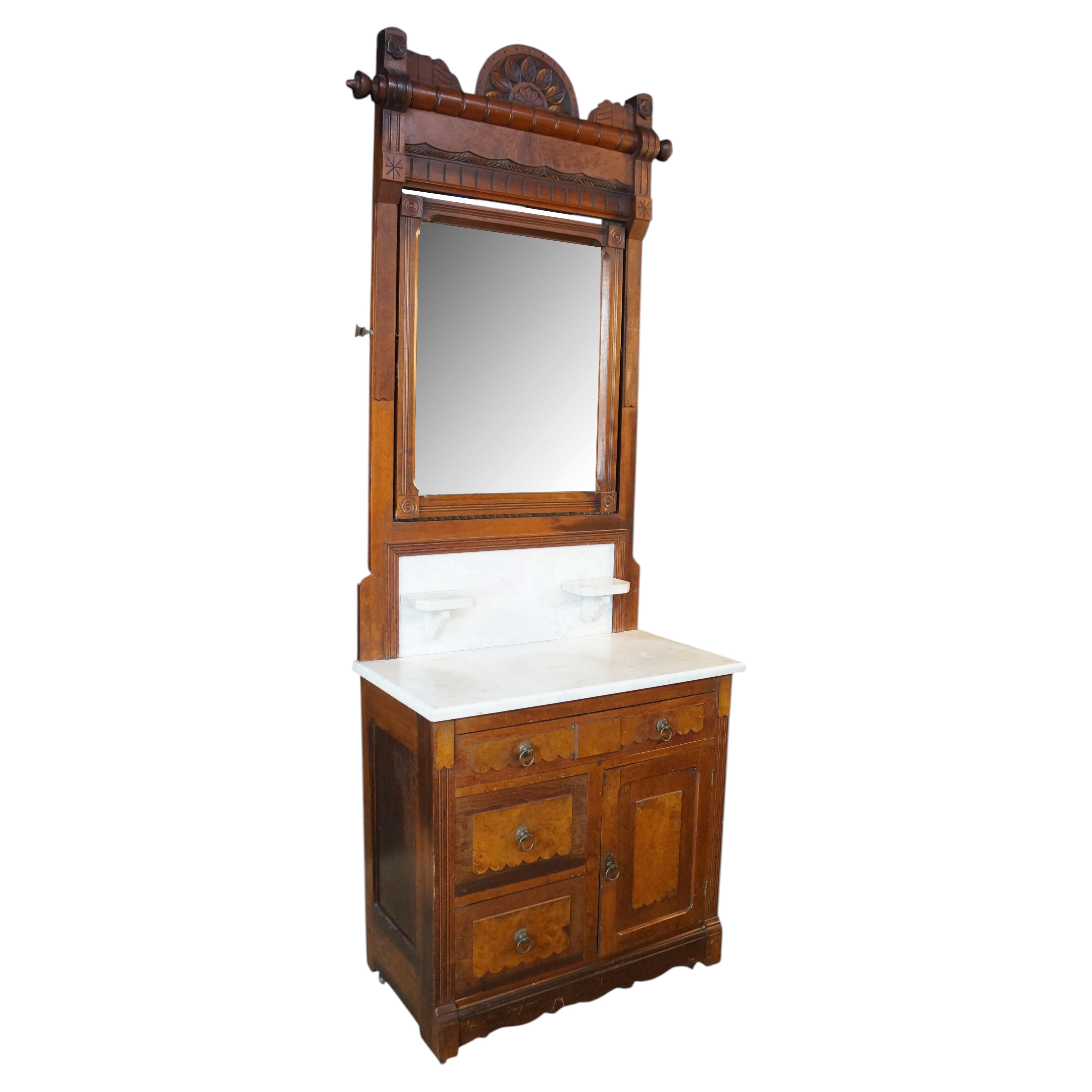 Antique Late Victorian Eastlake Walnut Marble Top Washstand Mirrored Commode 82"