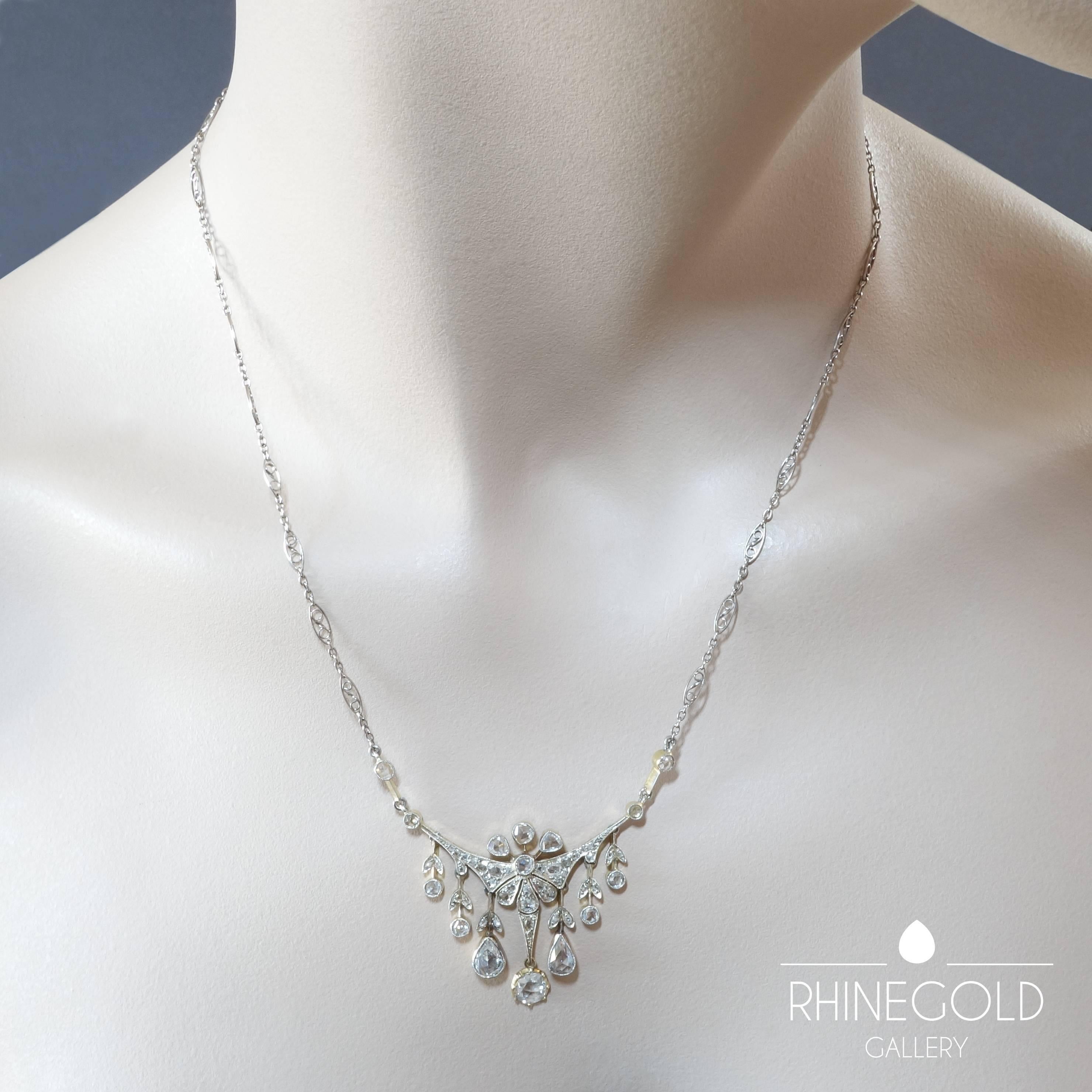 Rose Cut Antique Late Victorian Edwardian Rose Diamond Silver on Gold Necklace For Sale