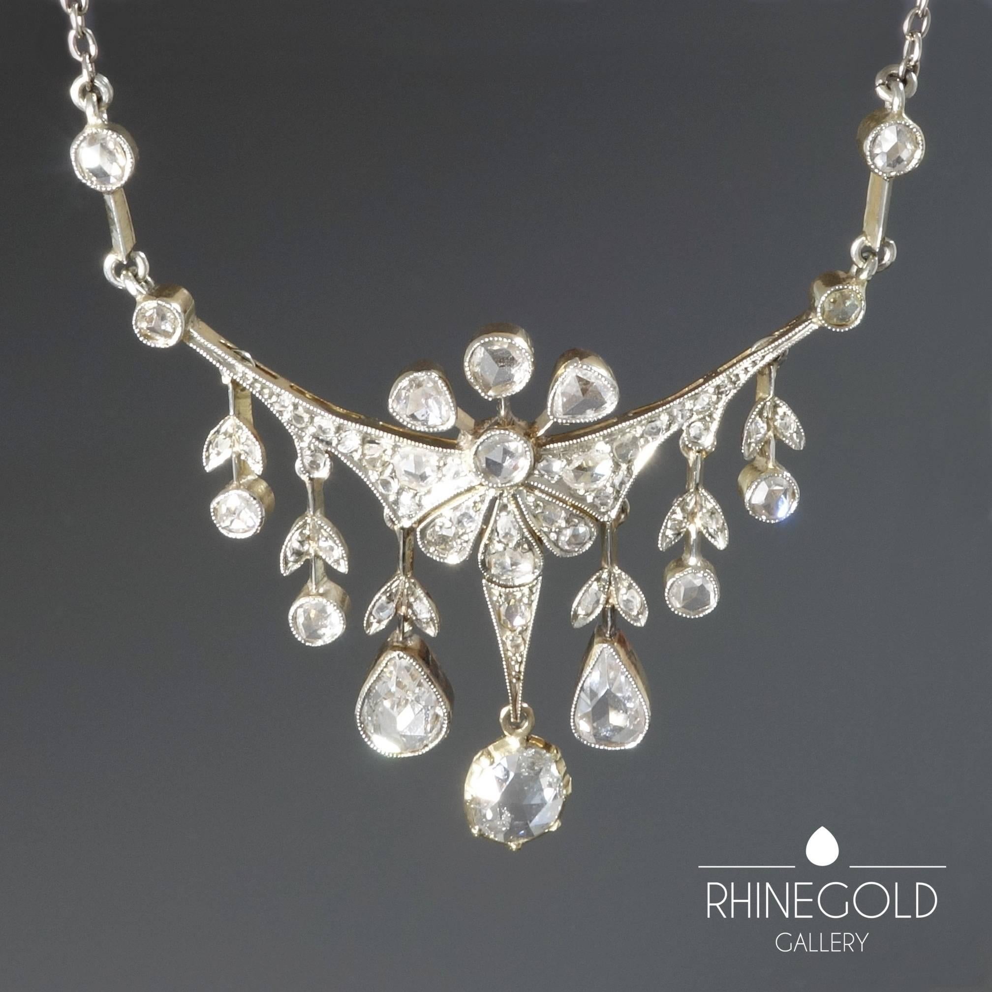 Antique Late Victorian Edwardian Rose Diamond Silver on Gold Necklace In Excellent Condition For Sale In Dusseldorf, NRW