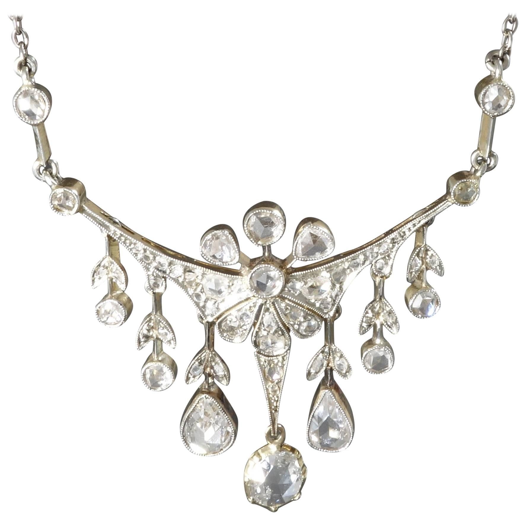 Antique Late Victorian Edwardian Rose Diamond Silver on Gold Necklace For Sale