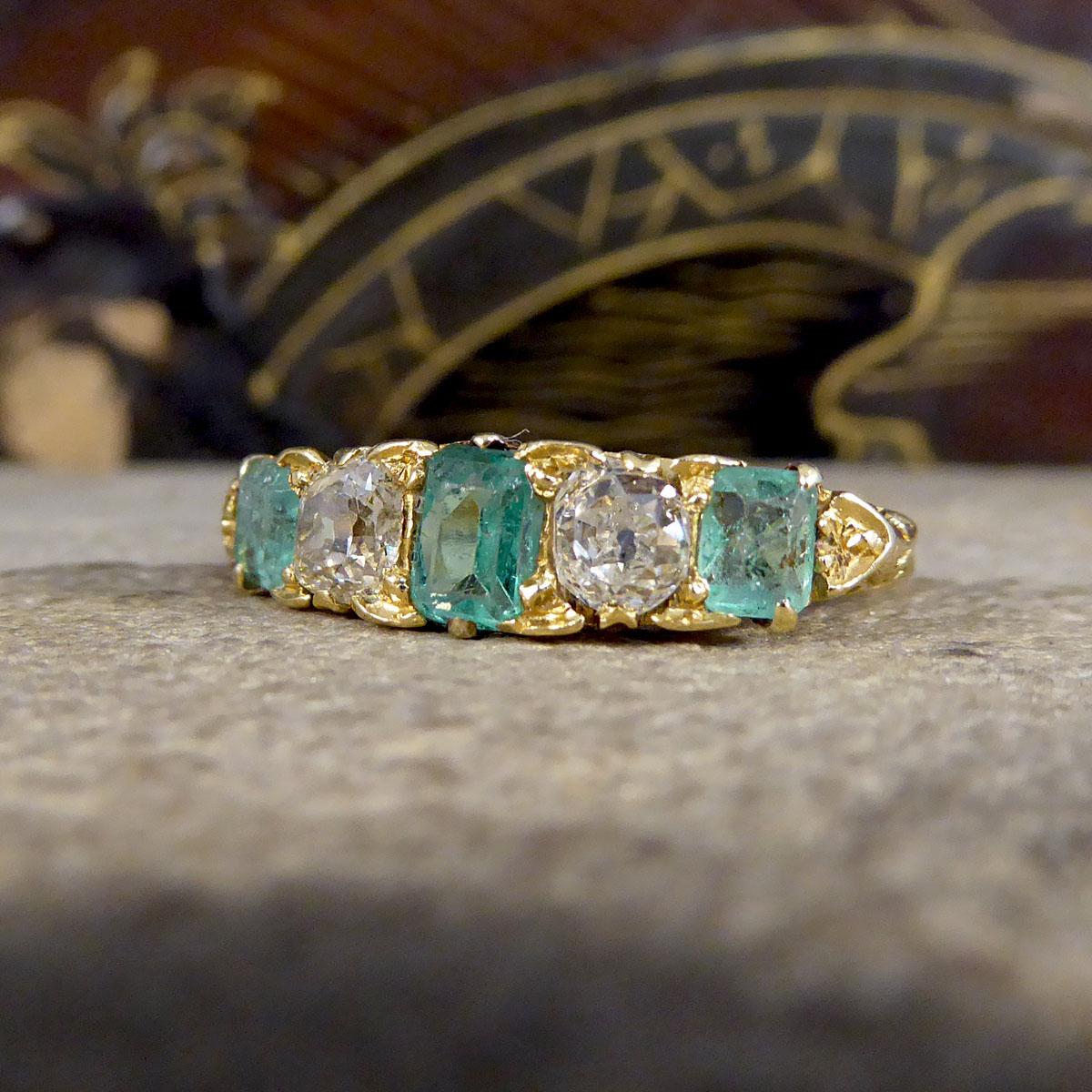 Women's or Men's Antique Late Victorian Emerald and Diamond Five Stone Ring Modelled in 18ct Gold