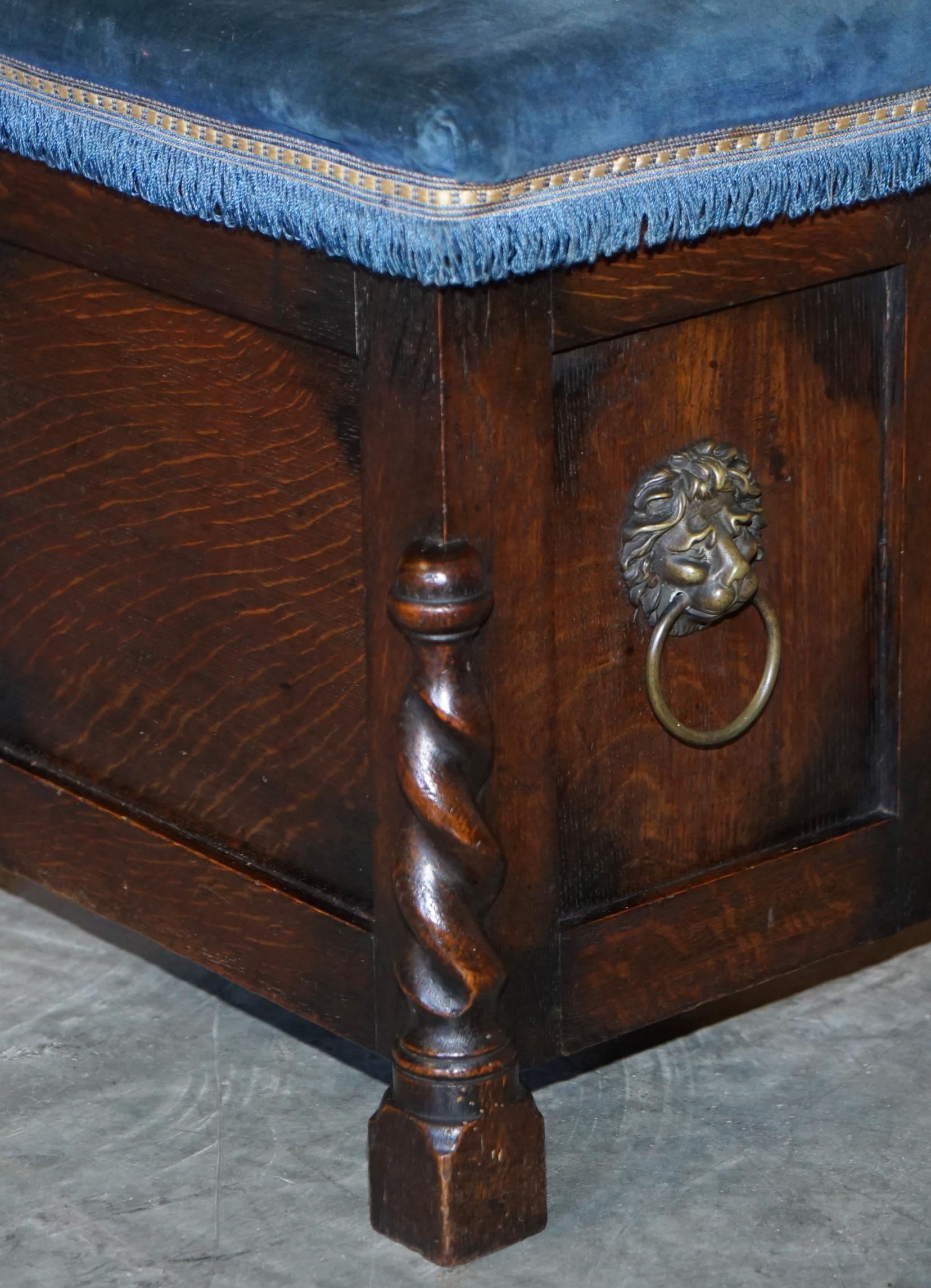 Hand-Crafted Antique Late Victorian English Oak Footstool / Ottoman Lions Head Brass Handles