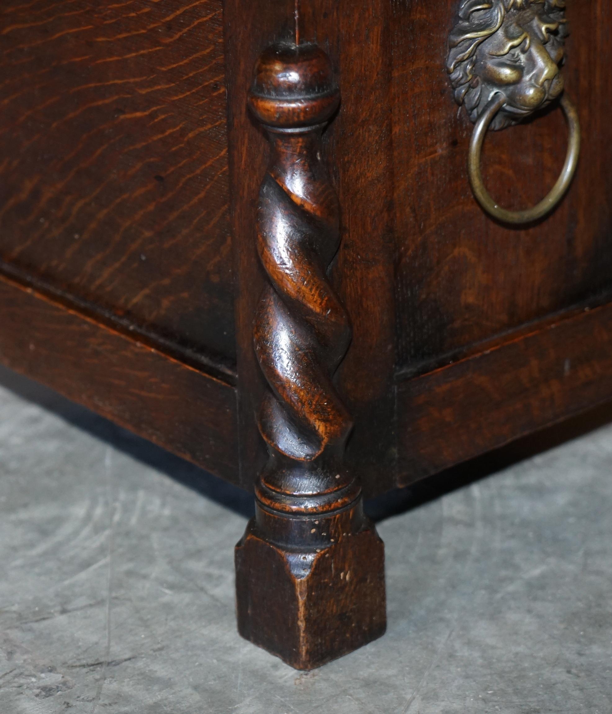 19th Century Antique Late Victorian English Oak Footstool / Ottoman Lions Head Brass Handles