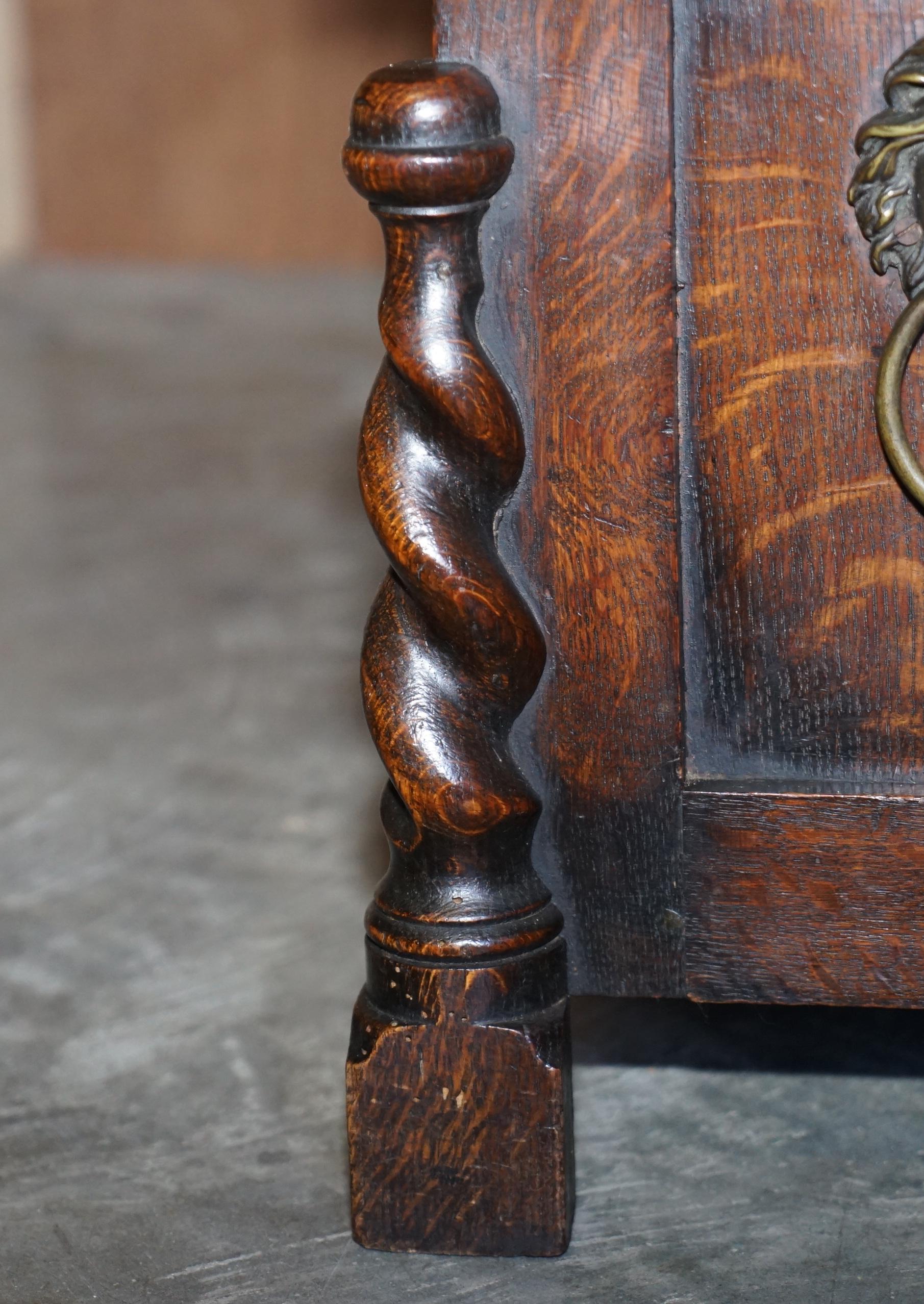 Antique Late Victorian English Oak Footstool / Ottoman Lions Head Brass Handles 3
