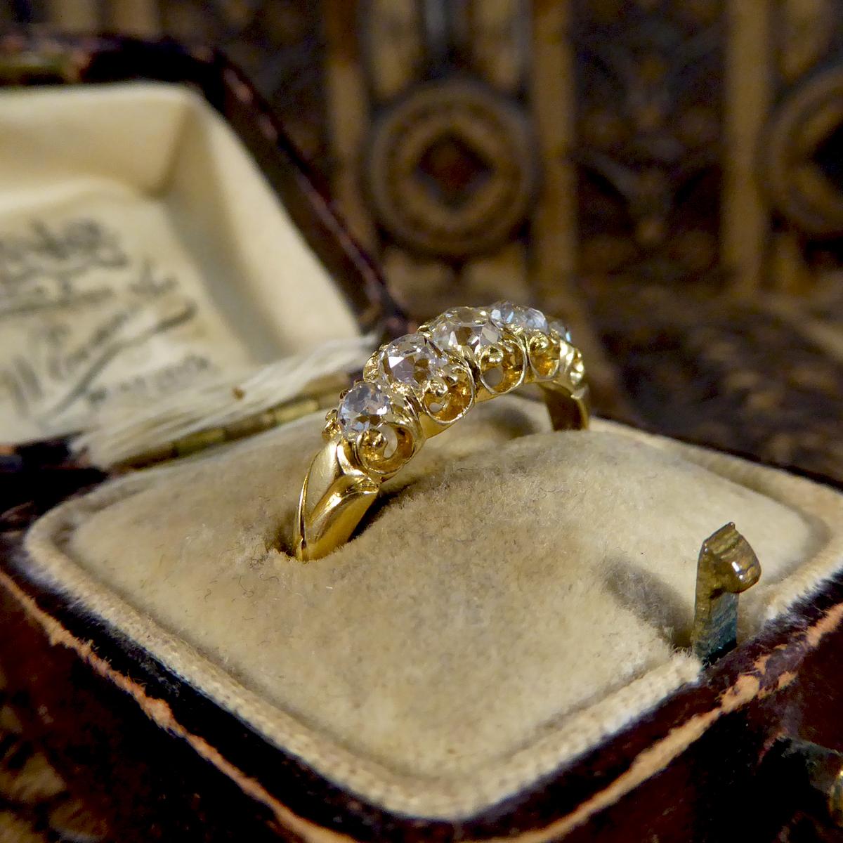 Antique Late Victorian Five Stone Diamond Cushion Cut Ring in 18ct Yellow Gold 4