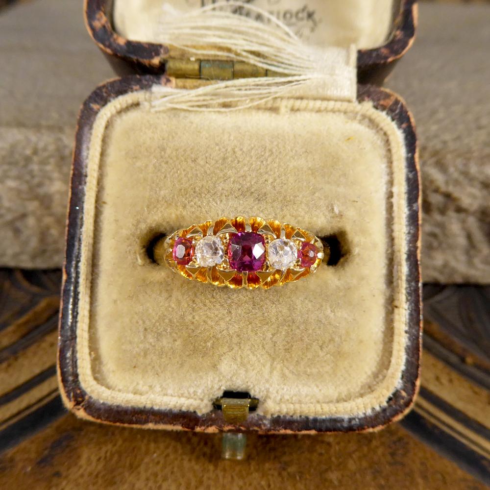 Antique Late Victorian Five-Stone Ruby and Diamond 18 Karat Gold Ring 6