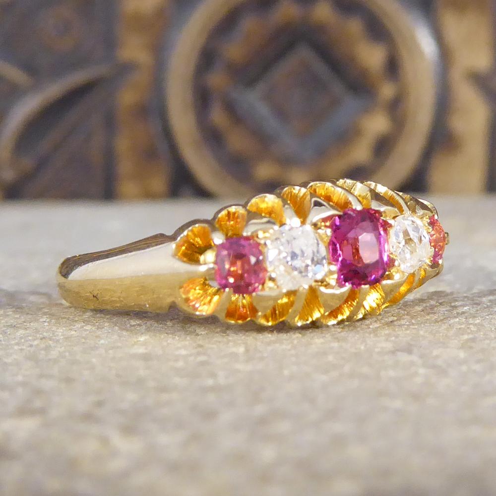 With alternating Rubies and old cut Diamonds, this classic Late Victorian ring is set in 18ct Yellow Gold and sits elegantly on the finger. The perfect gift for any antique lover with a total of 0.30ct Diamonds and 0.50ct Rubies.

Diamond