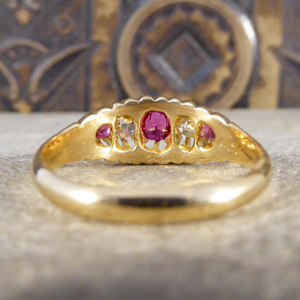 Women's Antique Late Victorian Five-Stone Ruby and Diamond 18 Karat Gold Ring