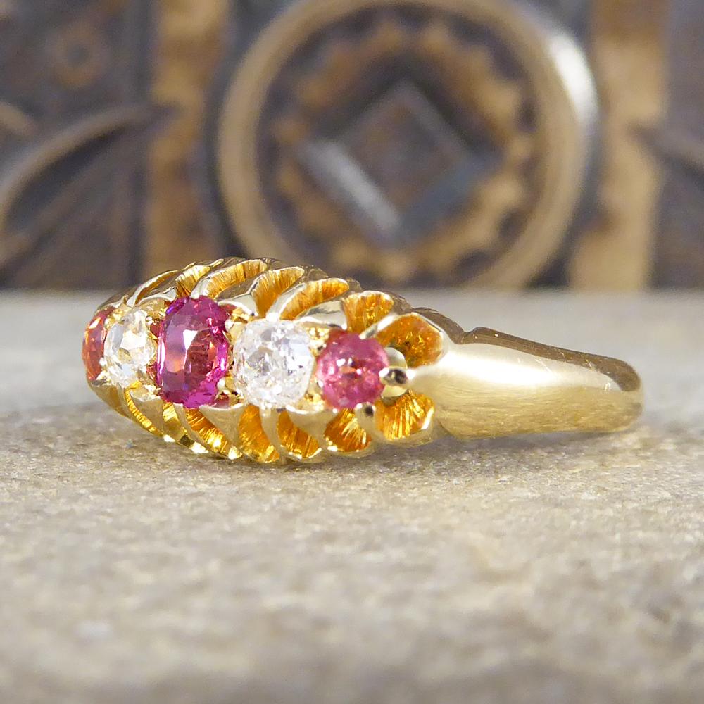 Antique Late Victorian Five-Stone Ruby and Diamond 18 Karat Gold Ring 1