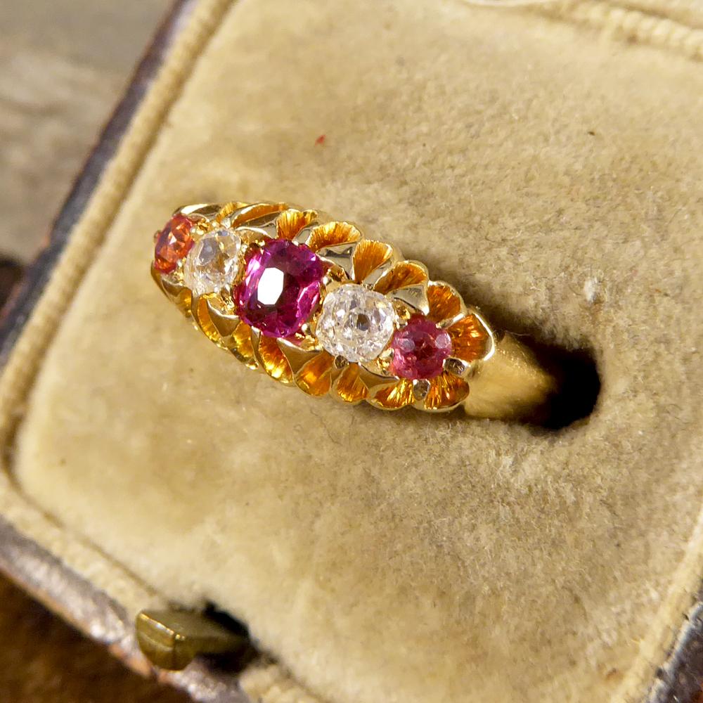 Antique Late Victorian Five-Stone Ruby and Diamond 18 Karat Gold Ring 4