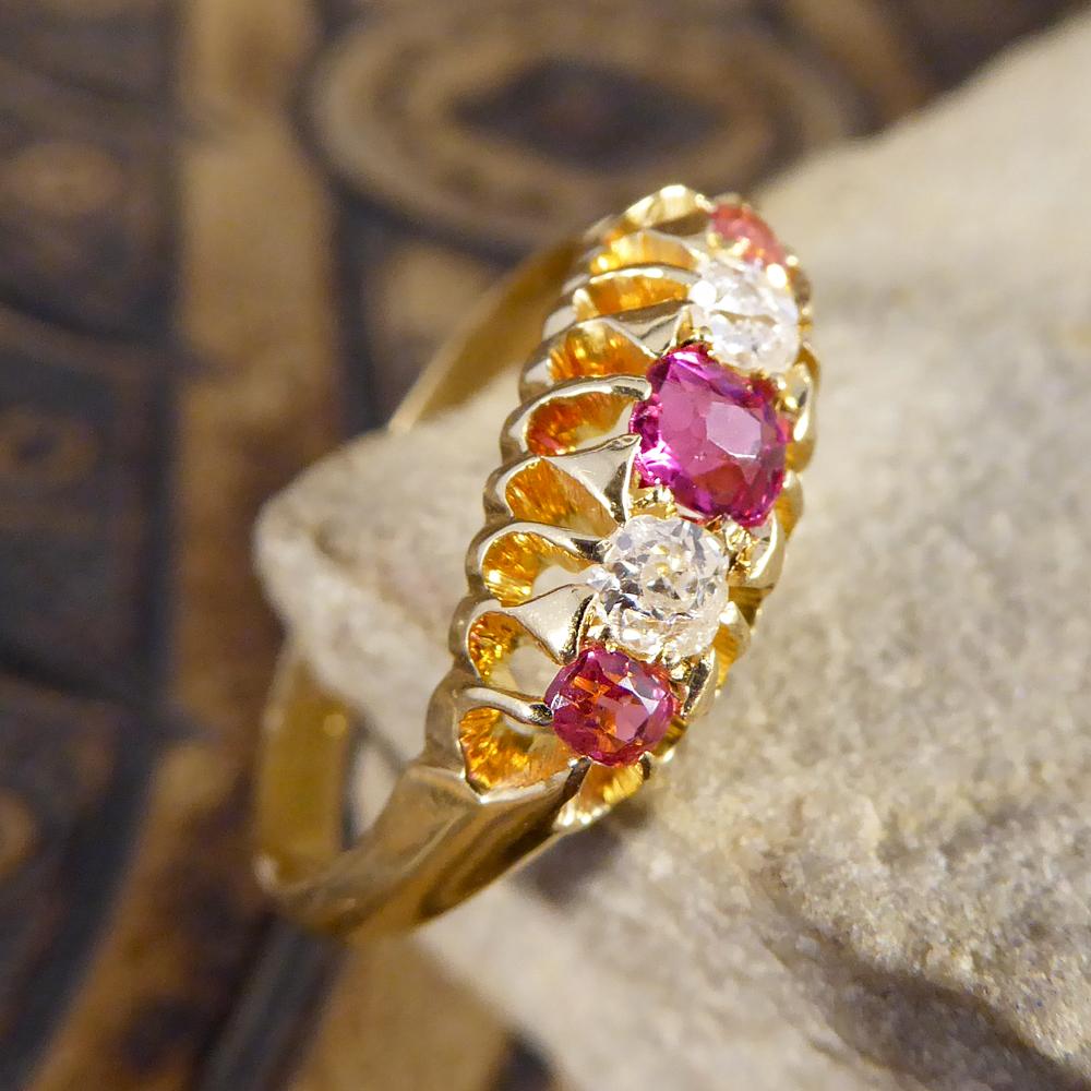 Antique Late Victorian Five-Stone Ruby and Diamond 18 Karat Gold Ring 5