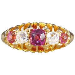 Antique Late Victorian Five-Stone Ruby and Diamond 18 Karat Gold Ring