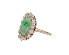 Antique Late Victorian Green Jade Yellow Gold Ring w/ Old Mine Cut Diamond Halo